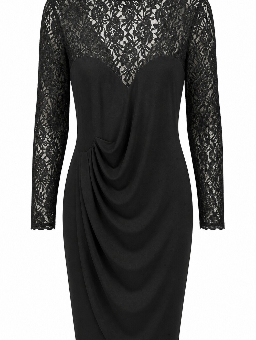 Evan Picone Black Lace-Sleeve Draped Evening Dress